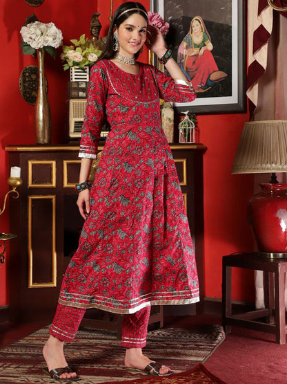 Dhiyona SN Women's Pink Floral Printed Mirror Work Pure Cotton A-Line Kurta Set