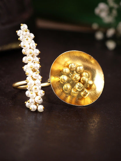Dhiyona RJ Women's Gold-Plated & White Pearl Beaded Adjustable ring