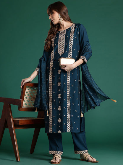 Ethnic Motifs Embroidered Panelled Sequinned Kurta with Trousers & With Dupatta
