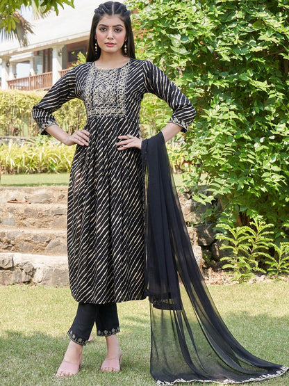 Dhiyona IE Black Leheriya Printed Mirror Work A-Line Kurta & Trousers & With Dupatta