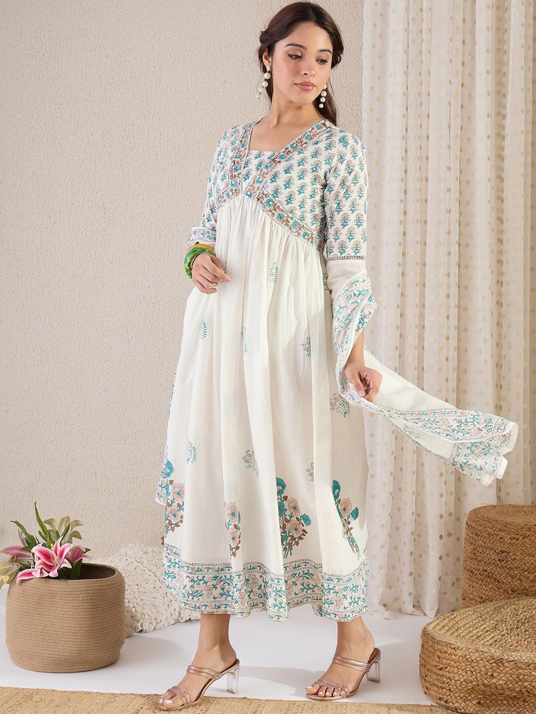 Dhiyona IE Floral Printed V Neck Empire A Line Pure Cotton Kurta With Trousers & Dupatta