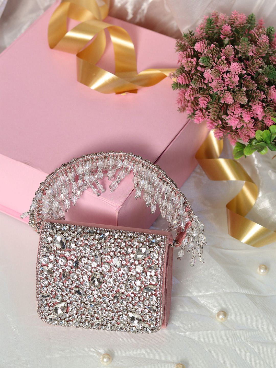 Dhiyona NR Women Rose & White Embroidered Box Clutch