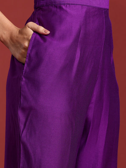 Ethnic Motifs Yoke Design Sequinned Liva Kurta With Trousers & Dupatta