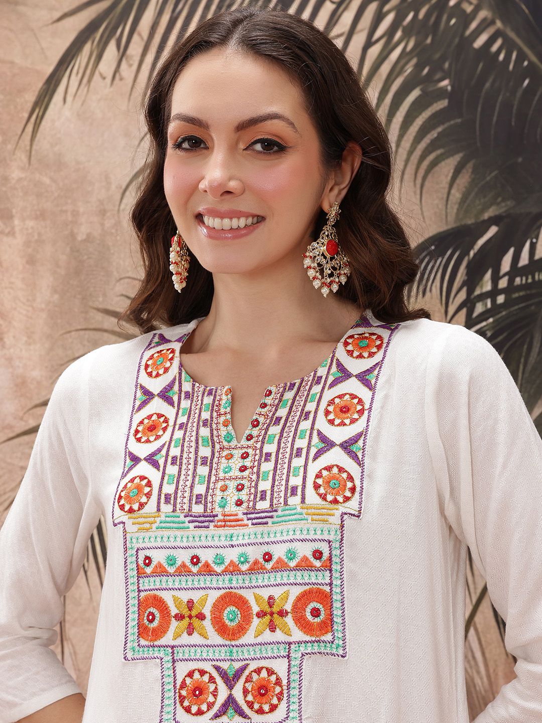Dhiyona SN Women's Yoke Design Mirror Work Embroidered Kurta With Trousers & Bandhani Print Dupatta