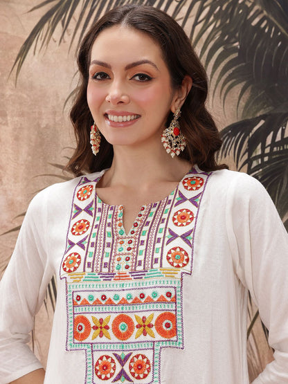 Dhiyona SN Women's Yoke Design Mirror Work Embroidered Kurta With Trousers & Bandhani Print Dupatta