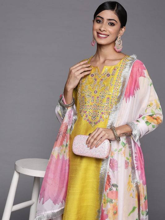Dhiyona VA Women's Yellow Ethnic Motifs Embroidered Thread Work Kurta with Trousers & With Dupatta