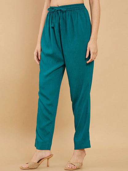 Dhiyona SO Women's Women Teal Floral Thread Work Chanderi Cotton Kurta with Trousers