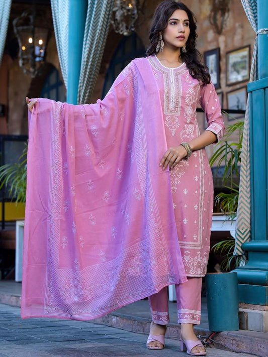 Dhiyona VA Women'sFloral Printed Regular Miirror Work Pure Cotton Kurta With Trouser & Dupatta
