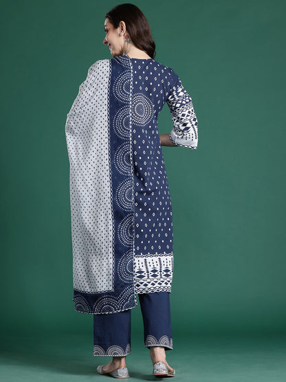 Printed Mirror Work Pure Cotton Kurta with Trousers & With Dupatta