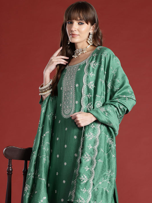Dhiyona IE Floral Embroidered Sequinned Kurta with Trousers & With Dupatta