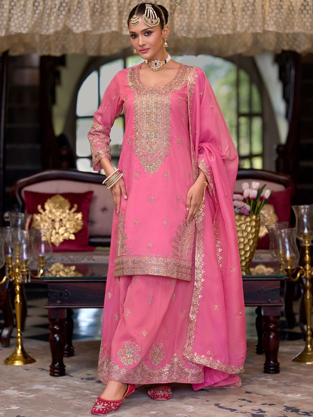 Women Floral Embroidered Kurta with Palazzo & Dupatta