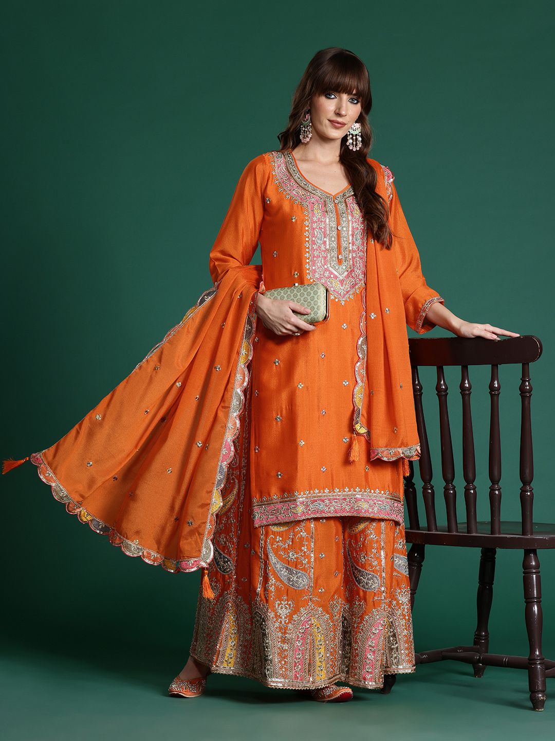 Dhiyona IE Paisley Embroidered Sequinned Kurta with Palazzos & With Dupatta
