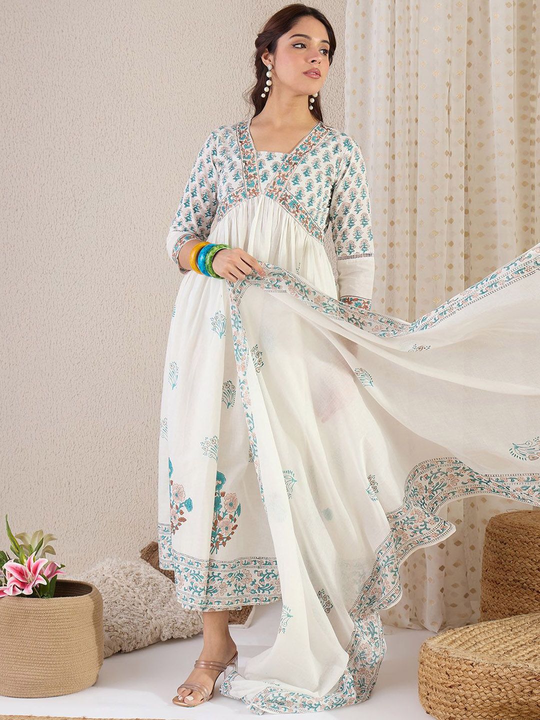 Dhiyona IE Floral Printed V Neck Empire A Line Pure Cotton Kurta With Trousers & Dupatta