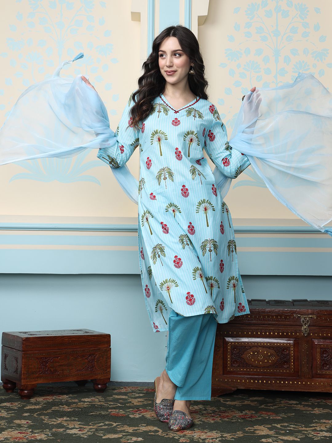 Dhiyona IS Women's Blue Ethnic Motifs Printed Mirror Work Pure Cotton Kurta With Trousers & Dupatta