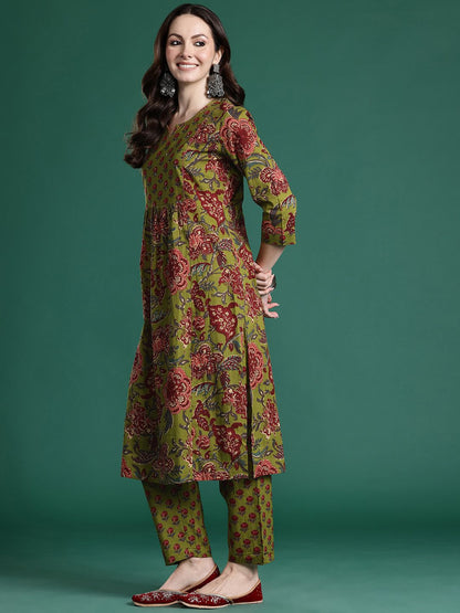 Floral Printed Pleated Sequinned Pure Cotton Kurta with Trousers