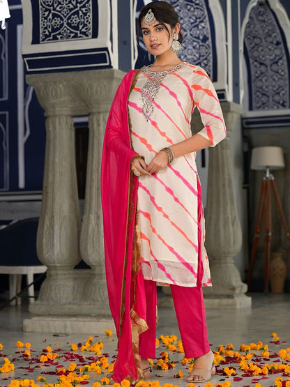 Dhiyona VA Women's Bandhani Dyed Regular Gotta Patti Kurta with Trousers & With Dupatta