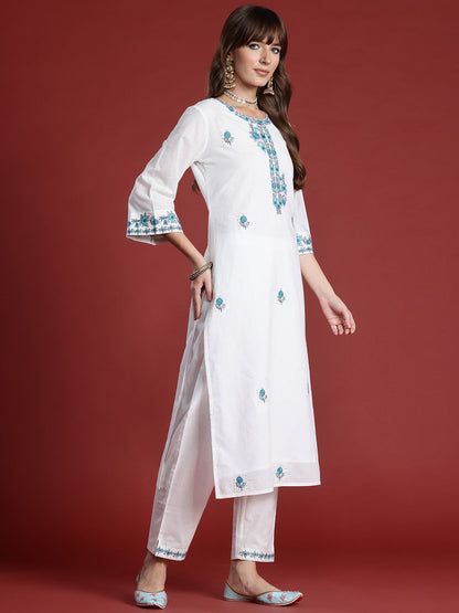 Dhiyona IE Floral Embroidered Thread Work Pure Cotton Kurta with Trousers & With Dupatta
