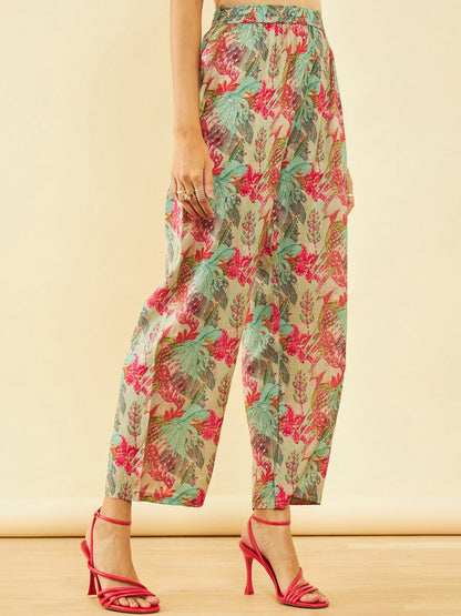 Dhiyona SO Women's Floral Printed Sequinned A-Line Kurta With Trousers