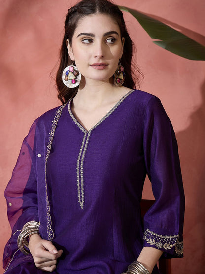 Dhiyona SN Women's Floral Embroidered V-Neck A-Line Kurta With Trousers & Dupatta
