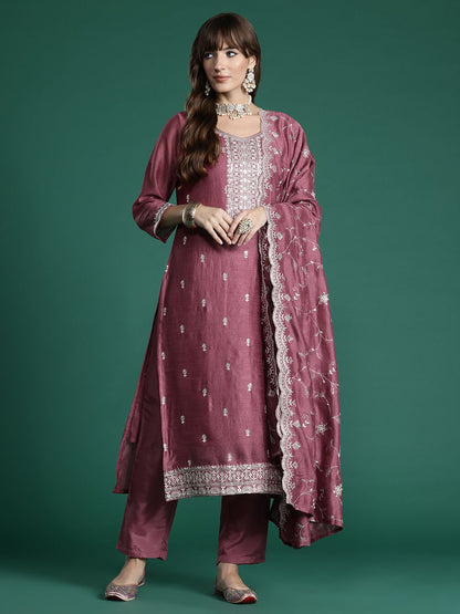 Floral Embroidered Thread Work Kurta with Trousers & With Dupatta