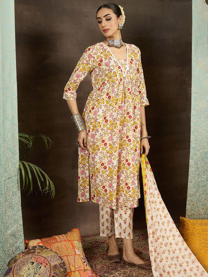 Dhiyona IE Women Floral Printed Pleated Pure Cotton Kurta with Trousers & With Dupatta