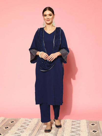 Dhiyona VA Women's Navy Blue Regular Gotta Patti Silk Crepe Kurta with Trousers & With Dupatta