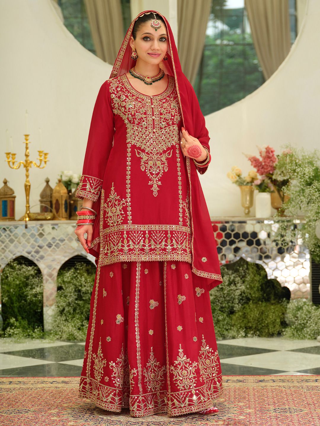 Ethnic Motifs Embroidered Sequinned Chinon Straight Kurta With Skirt & Dupatta