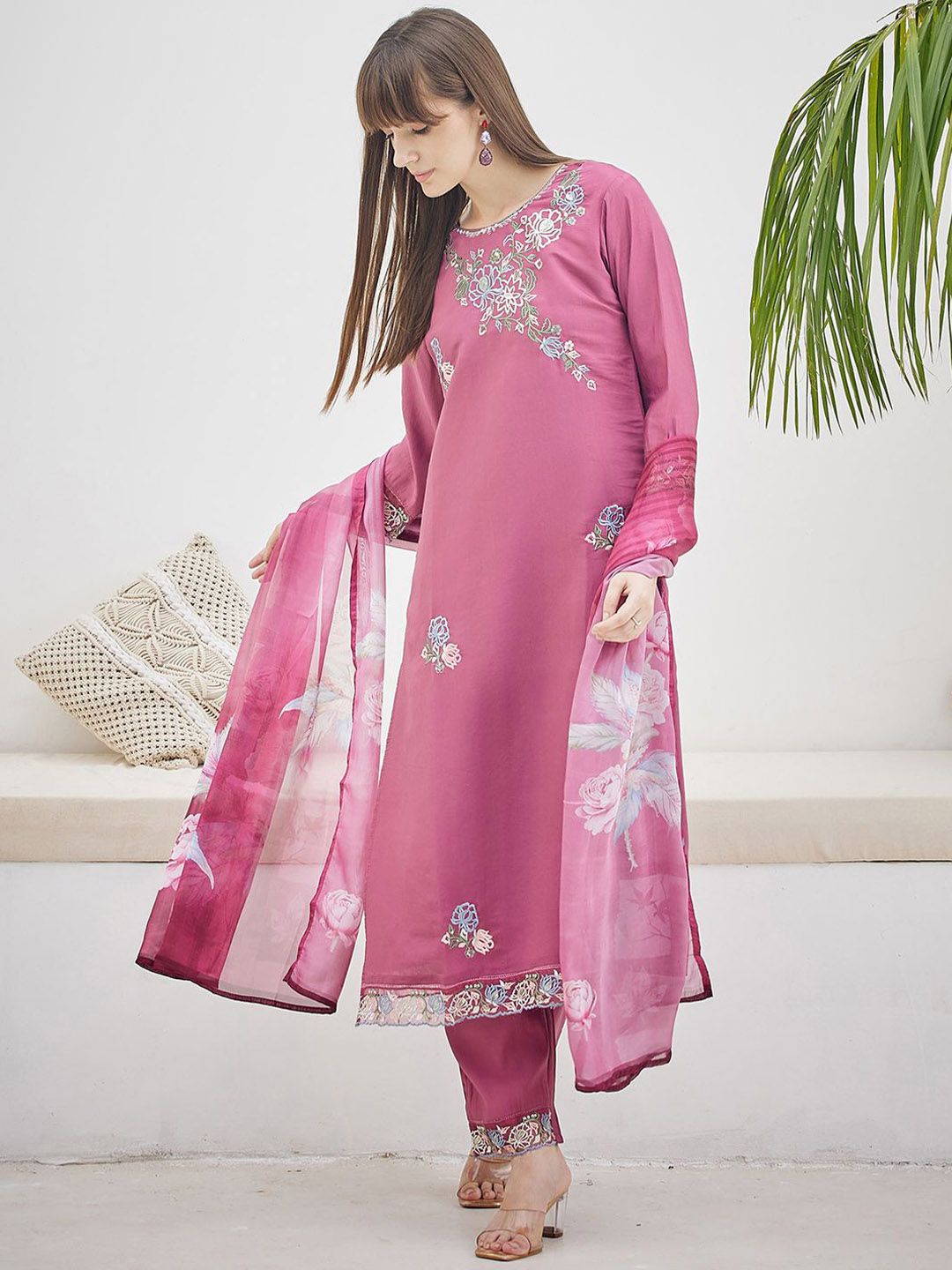 Floral Embroidered Thread Work Kurta With Trousers & Dupatta