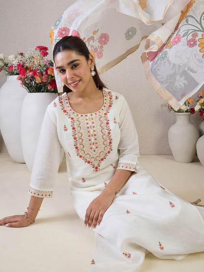 Women Floral Embroidered Regular Thread Work Kurta with Trousers & With Dupatta