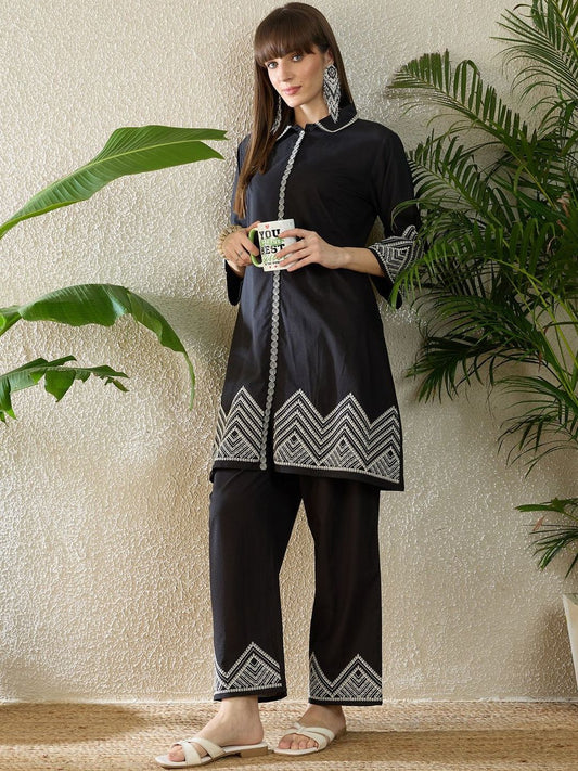 Embroidered Thread Work Pure Cotton A Line Kurta With Trousers