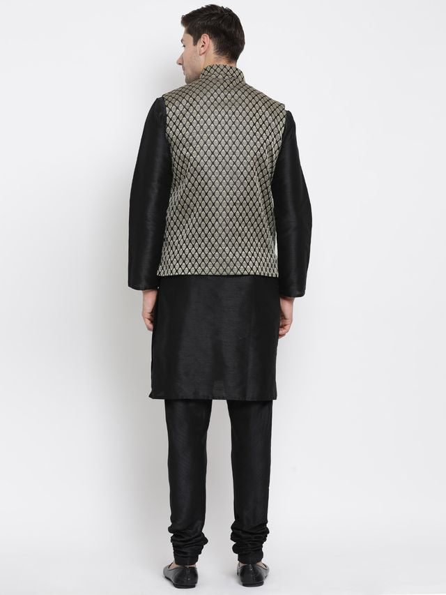 Men's Black Silk Blend Straight Jacket  Kurta and Pyjama Set