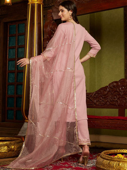 Dhiyona SN Women's Mauve Ethnic Motifs Embroidered Sequinned Straight Kurta With Trouser & Dupatta