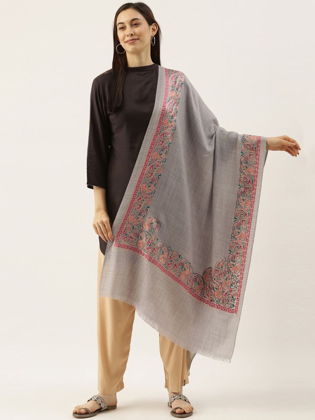 Dhiyona PA Women Grey & Pink Embroidered Pure Wool Shawl