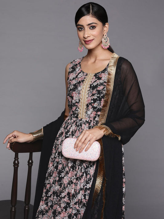 Dhiyona VA Women's Black Floral Printed Empire Kurta with Sharara & With Dupatta
