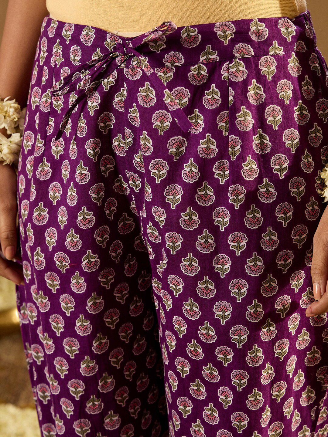 Dhiyona IE Purple Floral Printed Angrakha V-Neck Thread Work Pure Cotton A-Line Kurta Set