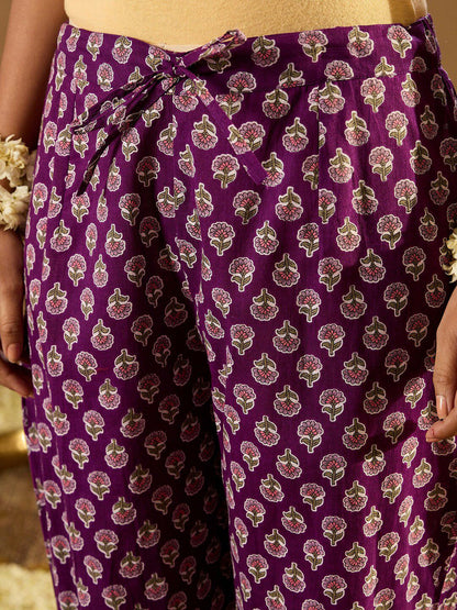 Dhiyona IE Purple Floral Printed Angrakha V-Neck Thread Work Pure Cotton A-Line Kurta Set