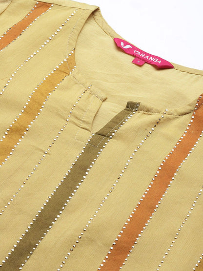 Dhiyona VA Women's Yellow Striped Mukaish Kurta with Sharara & With Dupatta