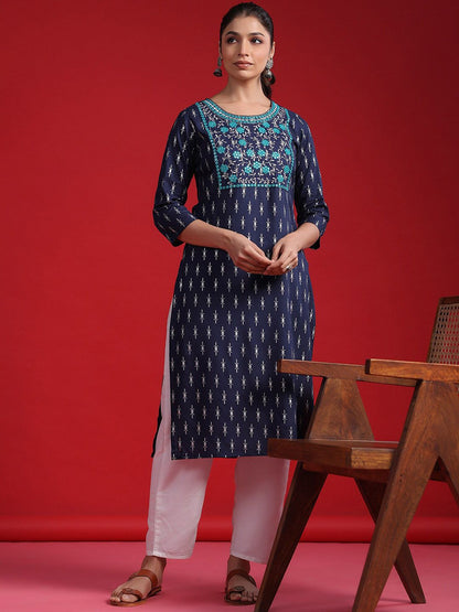 Dhiyona IE Ethnic Motifs Round Neck Regular Mirror Work Straight Kurta Kurta