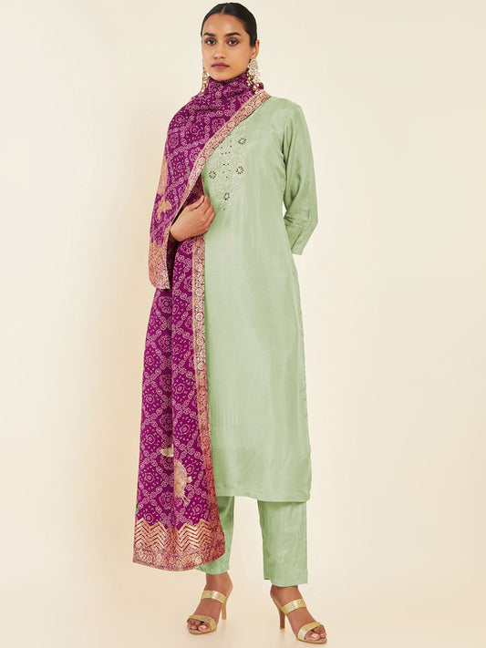Dhiyona SO Women's Floral Embroidered Yoke Design Kurta With Trousers & Dupatta