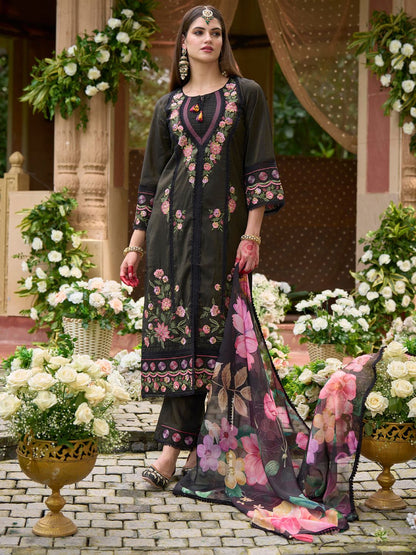Women Floral Embroidered Panelled Thread Work Kurta with Trousers & With Dupatta