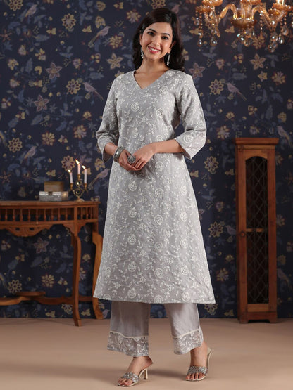 Dhiyona PD Women Floral Embroidered V Neck Sequinned A-Line Kurta With Palazzos
