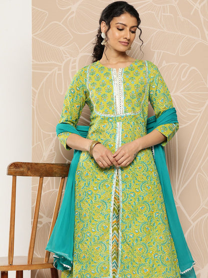 Dhiyona VA Women'sFloral Printed Mirror Work Pure Cotton Kurta With Palazzos & Dupatta