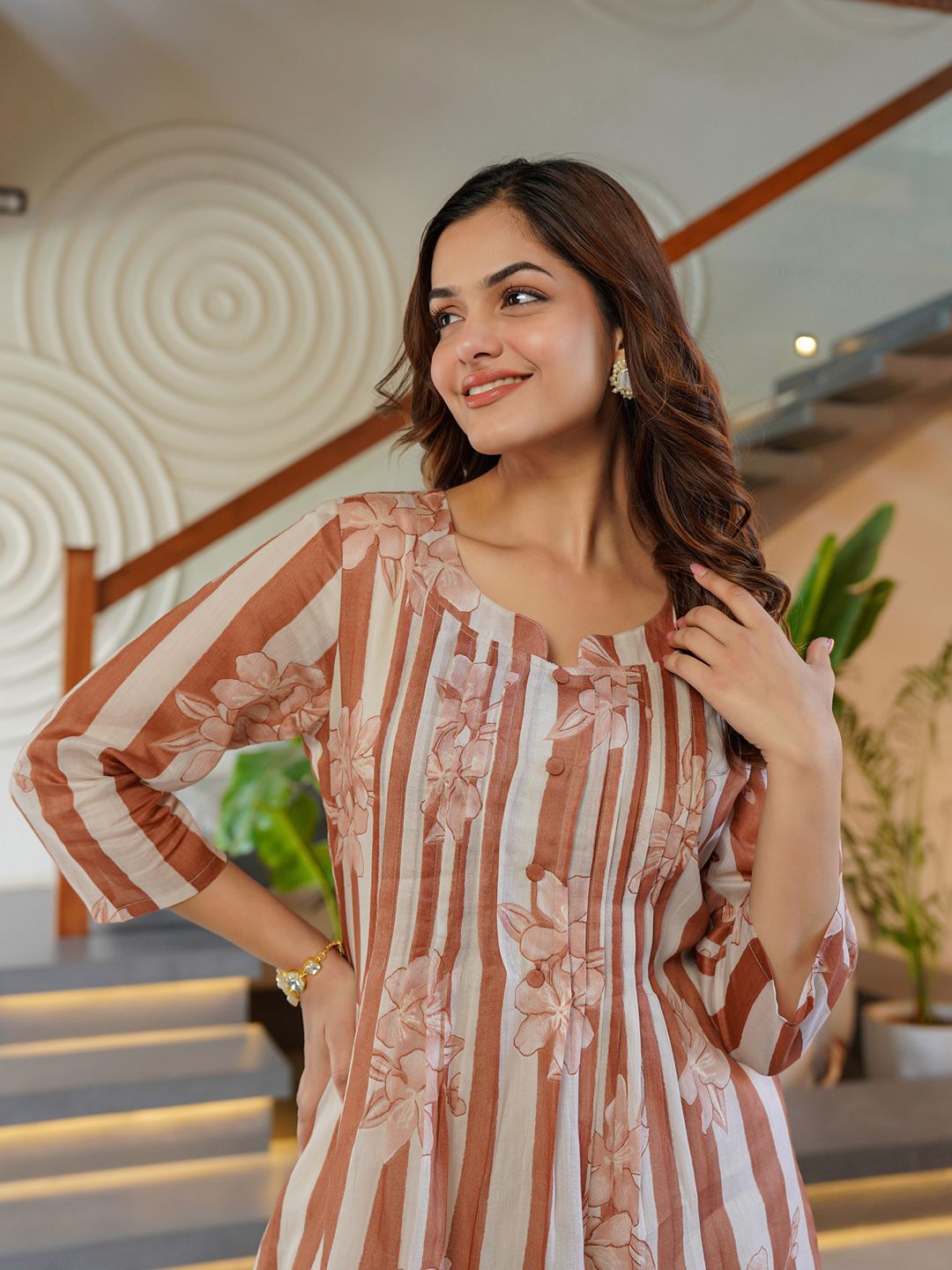 Dhiyona IE Indo era Printed Pure Cotton Round Neck Top With Trousers Co-Ords Set