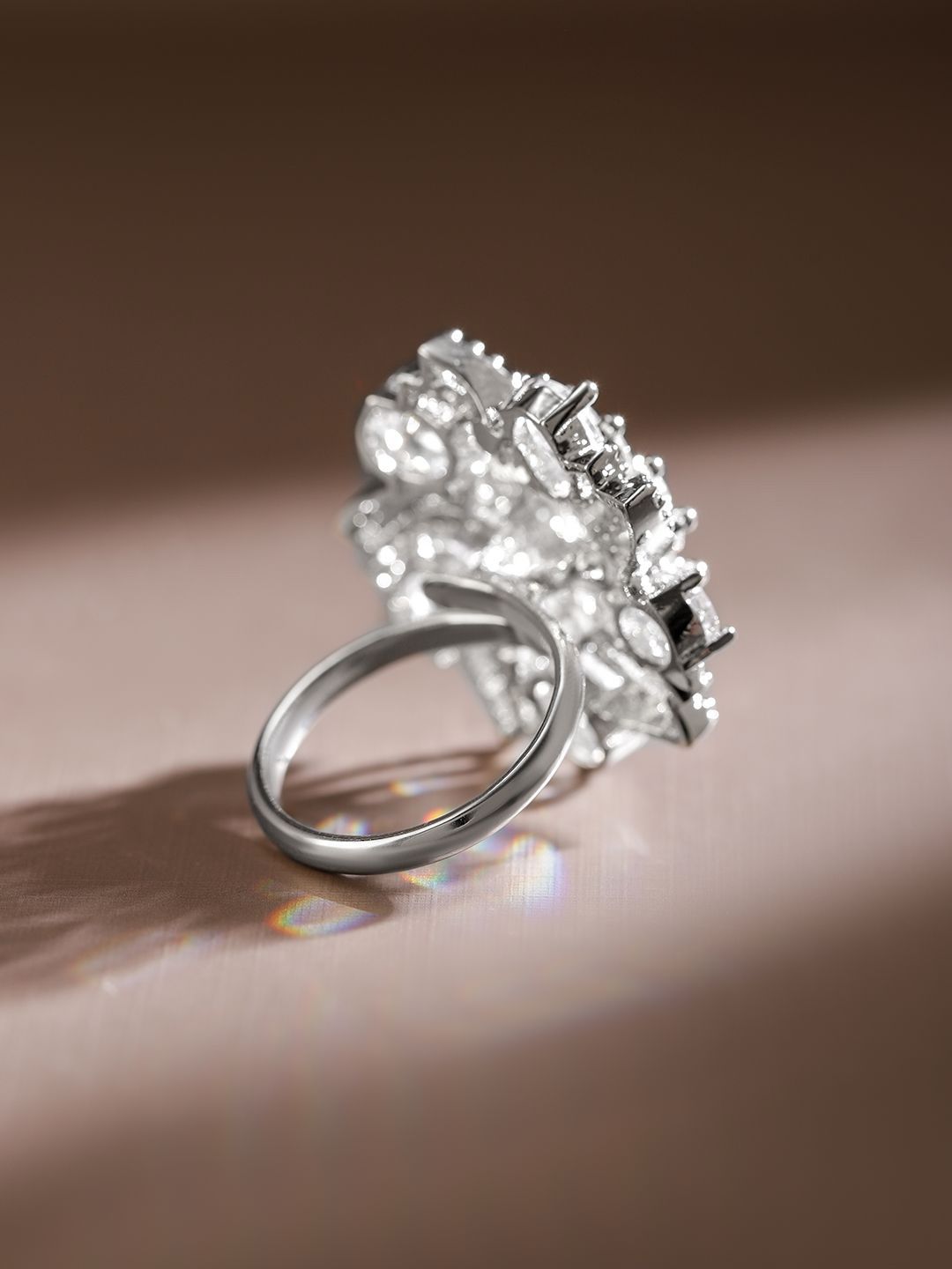 Dhiyona RJ Women's Rhodium-Plated Cubic Zirconia Studded Swirl Design Adjustable Finger Ring