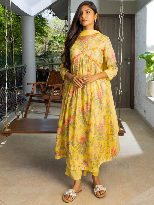 Dhiyona SN Women's Alia Cut Floral Printed Mirror Work Pure Cotton A Line Kurta With Trousers & Dupatta