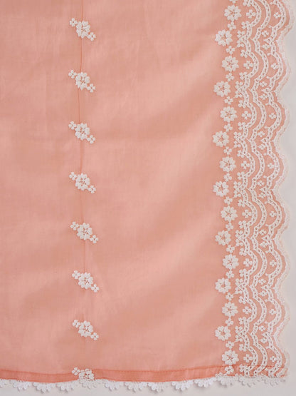 Floral Embroidered Notched Neck Cotton Straight Kurta with Trousers & Dupatta