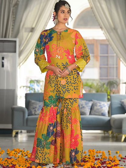 Dhiyona VA Women's Floral Printed Kurti with Sharara & Dupatta