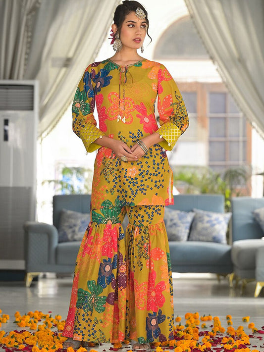 Dhiyona VA Women's Floral Printed Kurti with Sharara & Dupatta