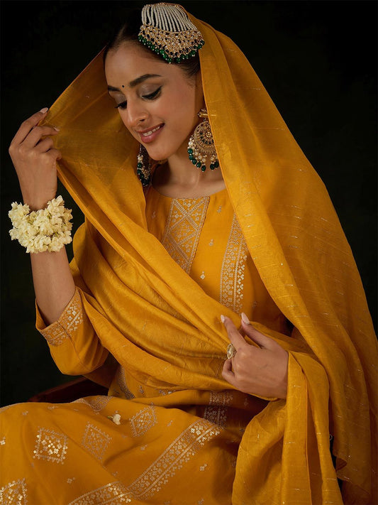 Dhiyona IE Women Ethnic Motifs Embroidered Regular Sequinned Kurta with Trousers & With Dupatta