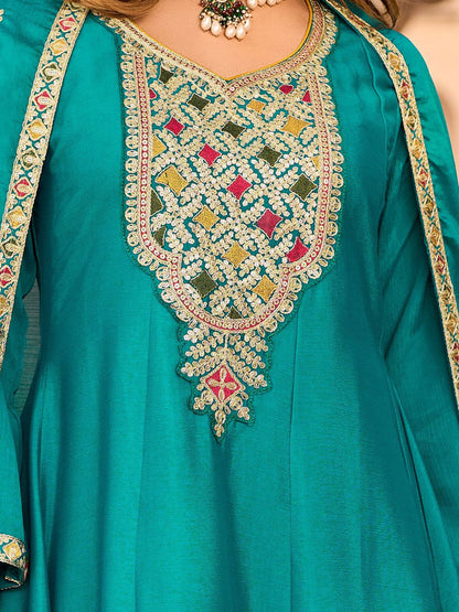 Floral Embroidered Mirror Work Sequinned Anarkali Kurta With Dhoti & Dupatta